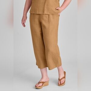 FLAX Brand 100% Linen Dark Khaki Cropped Wide Leg Pull-On Pant, Size S